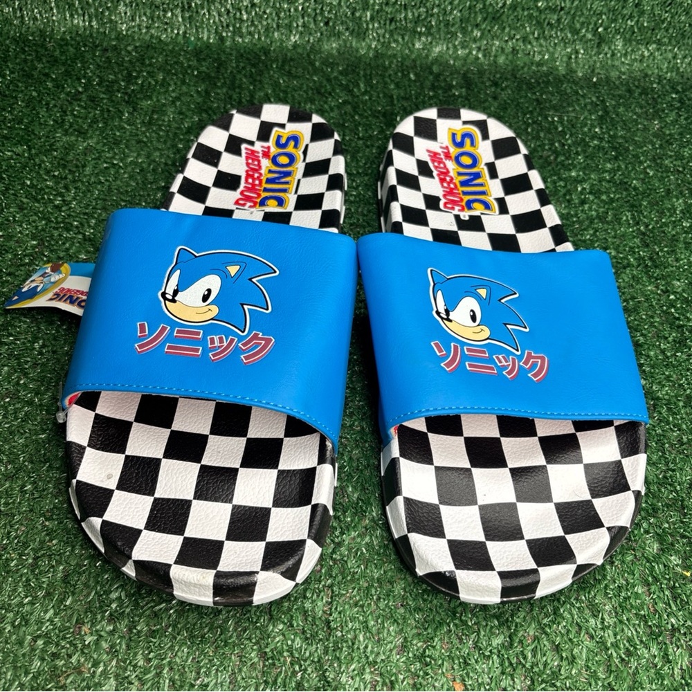 NEW Sonic The Hedgehog Flip Flops Blue Black‎ White Checkered Mens Size 13
